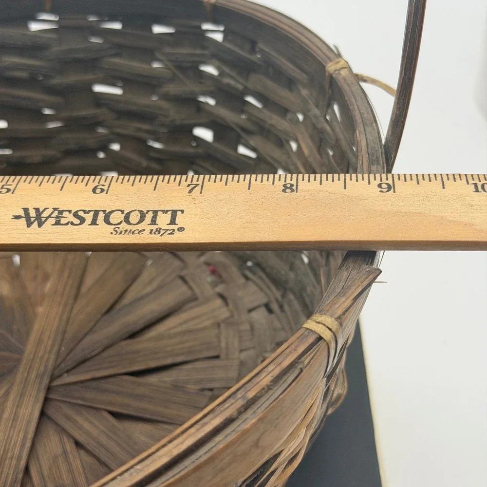 Vintage Woven Wood Round Basket with Tall Handle Brown Rustic Farmhouse Decor